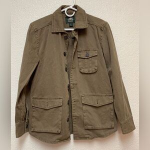 Roots Canada Cotton Army Green Coat Jacket Sz XS Button Up
